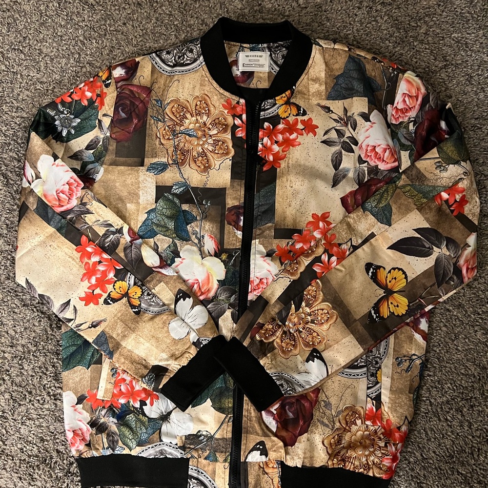 Floral bomber jacket with black accents